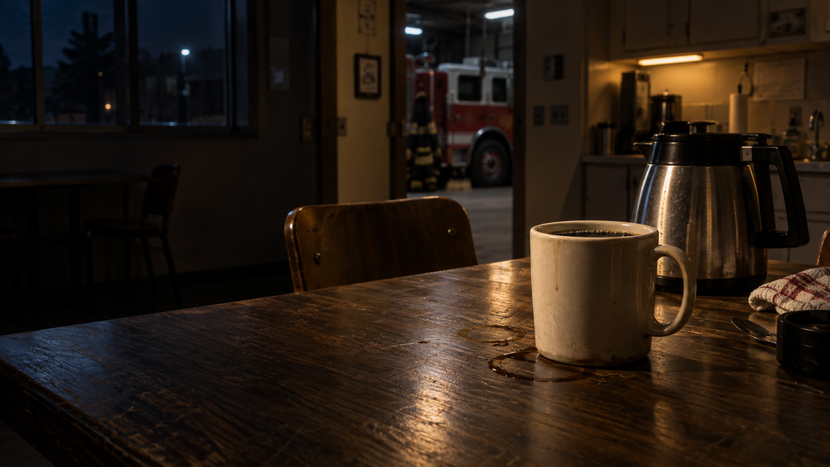Coffee on a firehouse kitchen table during a quiet night shift.