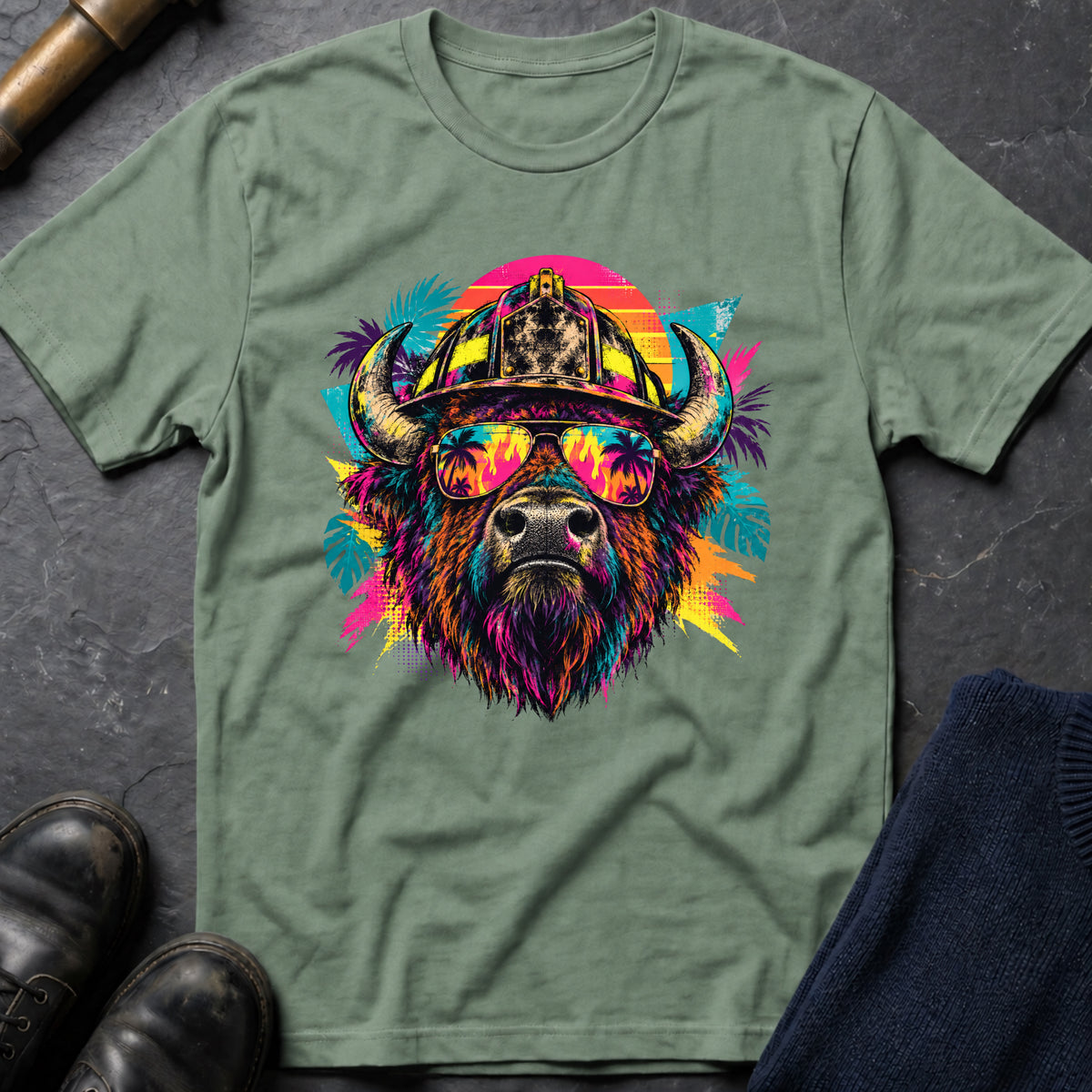 Retro Bison T-Shirt — Sage