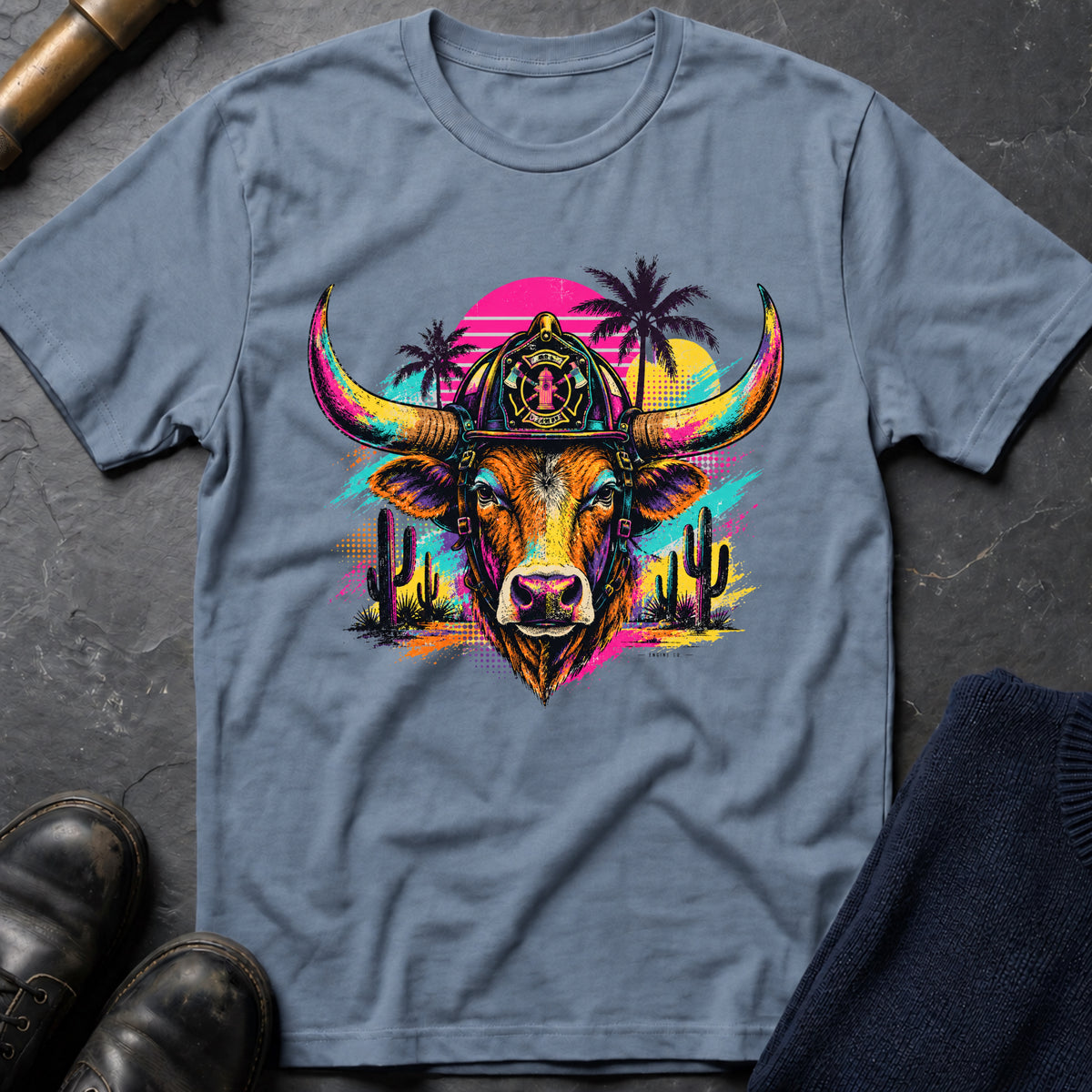 Retro Bull T-Shirt — Stone Blue