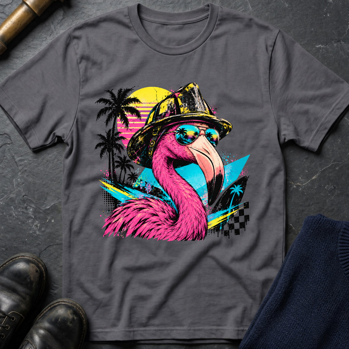 Retro Flamingo T-Shirt — Charcoal