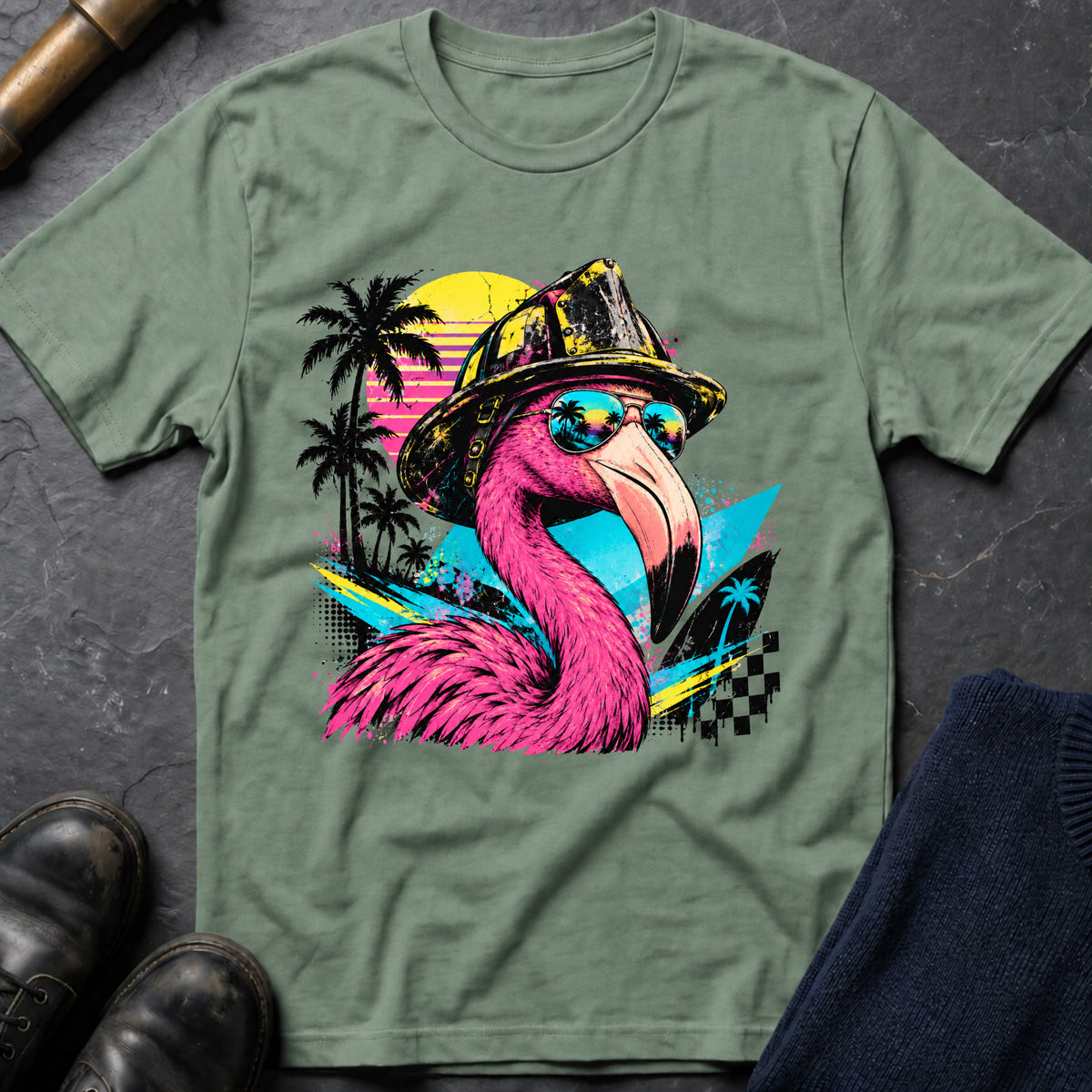 Retro Flamingo T-Shirt — Sage