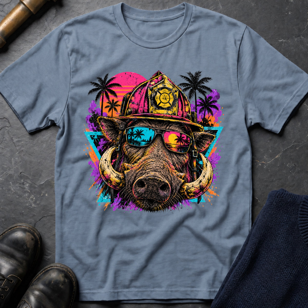 Retro Hog T-Shirt — Stone Blue