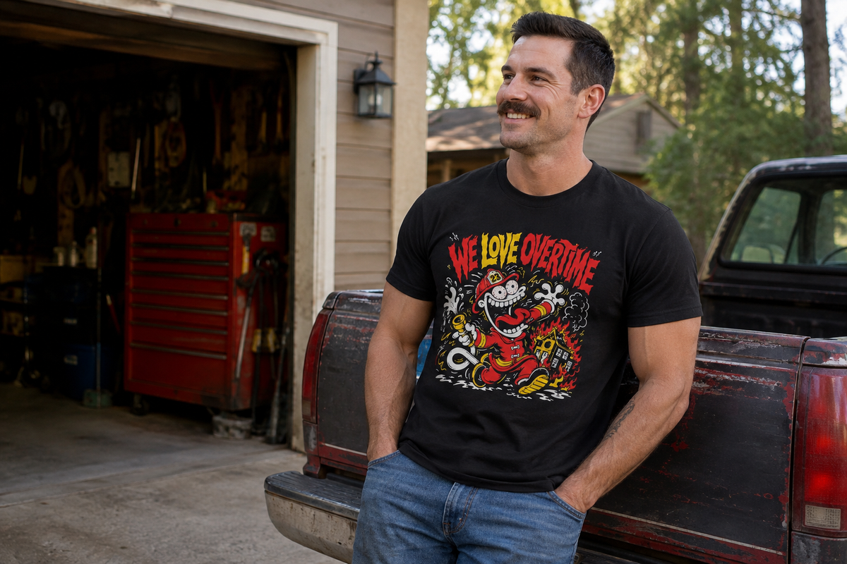 Off-duty firefighter wearing a black We Love Overtime graphic T-shirt beside a pickup truck.