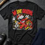 We Love Overtime T-Shirt in Black — firefighter graphic on a stone flatlay