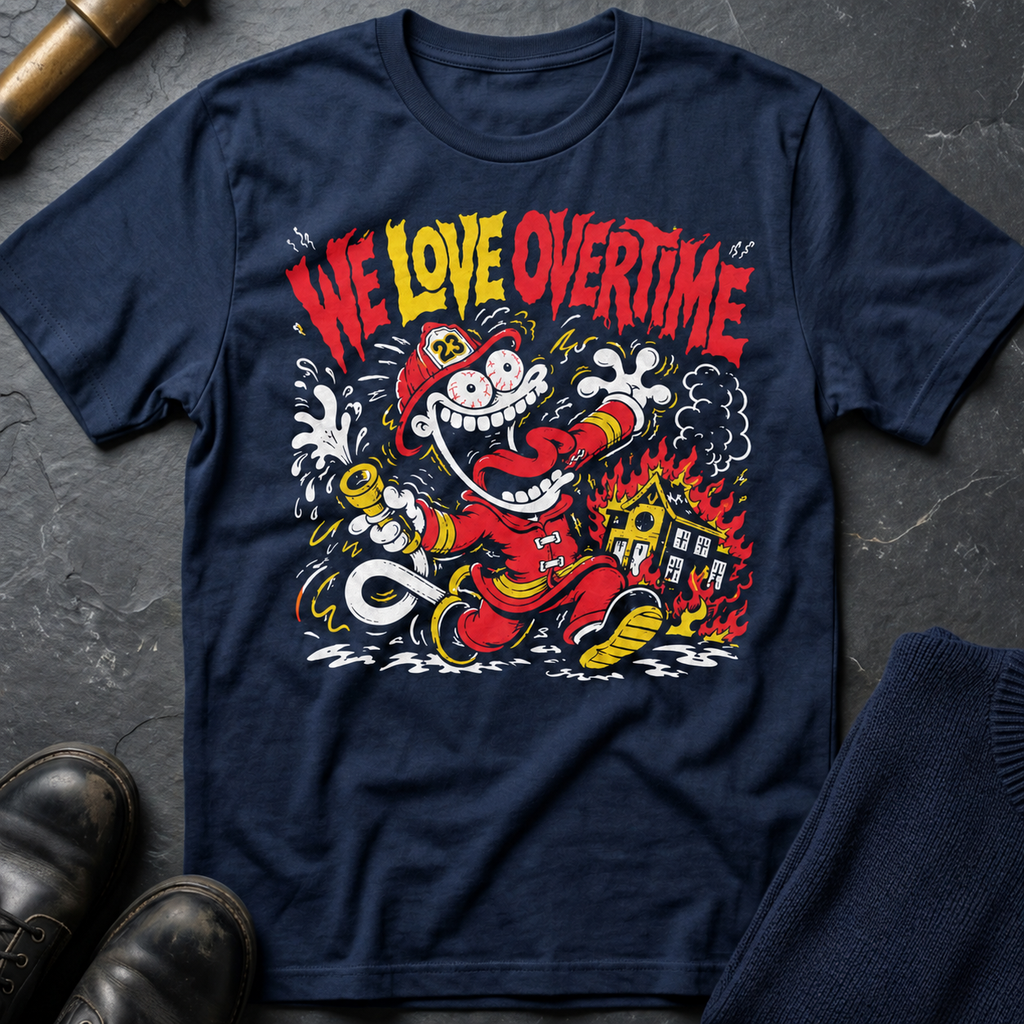 We Love Overtime T-Shirt in Navy — firefighter graphic on a stone flatlay